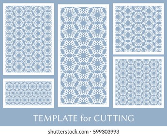 Decorative panels set for laser cutting. Geometric ornament for wedding invitation, envelope, greeting or business cards, Template for paper cut, printing, engraving wood, metal. Stencil manufacturing