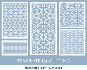 Decorative panels set for laser cutting. Geometric ornament for wedding invitation, envelope, greeting or business cards, Template for paper cut, printing, engraving wood, metal. Stencil manufacturing
