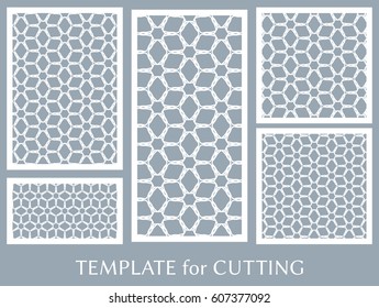 Decorative panels set for laser cutting. Geometric ornament for wedding invitation, envelope, greeting or business cards, Template for paper cut, printing, engraving wood, metal. Stencil manufacturing