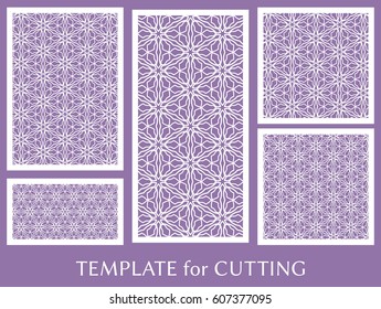 Decorative panels set for laser cutting. Geometric ornament for wedding invitation, envelope, greeting or business cards, Template for paper cut, printing, engraving wood, metal. Stencil manufacturing