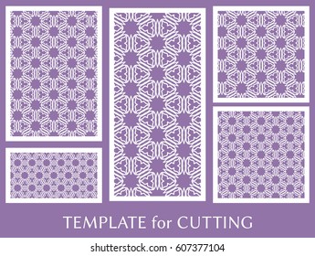 Decorative panels set for laser cutting. Geometric ornament for wedding invitation, envelope, greeting or business cards, Template for paper cut, printing, engraving wood, metal. Stencil manufacturing