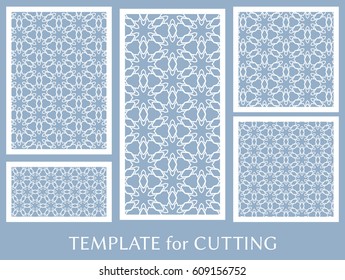 Decorative panels set for laser cutting. Geometric ornament for wedding invitation, envelope, greeting or business cards, Template for paper cut, printing, engraving wood, metal. Stencil manufacturing