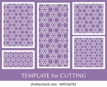 Decorative panels set for laser cutting. Geometric ornament for wedding invitation, envelope, greeting or business cards, Template for paper cut, printing, engraving wood, metal. Stencil manufacturing