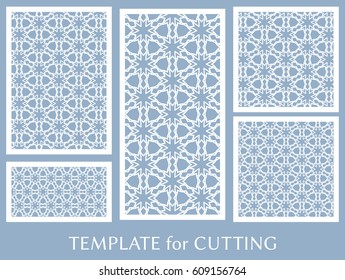 Decorative panels set for laser cutting. Geometric ornament for wedding invitation, envelope, greeting or business cards, Template for paper cut, printing, engraving wood, metal. Stencil manufacturing