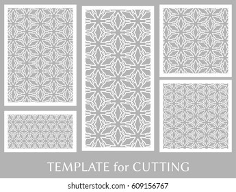 Decorative panels set for laser cutting. Geometric ornament for wedding invitation, envelope, greeting or business cards, Template for paper cut, printing, engraving wood, metal. Stencil manufacturing