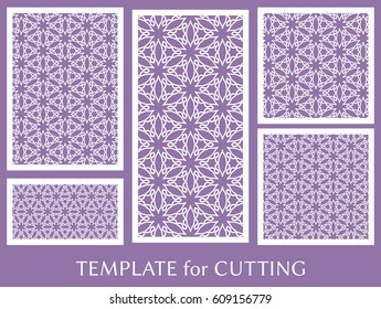 Decorative panels set for laser cutting. Geometric ornament for wedding invitation, envelope, greeting or business cards, Template for paper cut, printing, engraving wood, metal. Stencil manufacturing