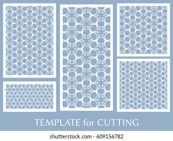 Decorative panels set for laser cutting. Geometric ornament for wedding invitation, envelope, greeting or business cards, Template for paper cut, printing, engraving wood, metal. Stencil manufacturing