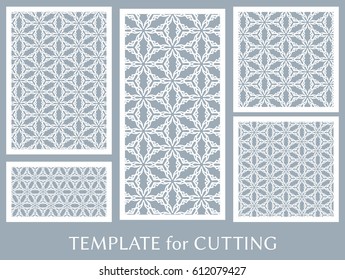 Decorative panels set for laser cutting. Geometric ornament for wedding invitation, envelope, greeting or business cards, Template for paper cut, printing, engraving wood, metal. Stencil manufacturing