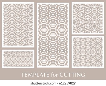 Decorative panels set for laser cutting. Geometric ornament for wedding invitation, envelope, greeting or business cards, Template for paper cut, printing, engraving wood, metal. Stencil manufacturing