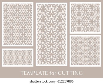 Decorative panels set for laser cutting. Geometric ornament for wedding invitation, envelope, greeting or business cards, Template for paper cut, printing, engraving wood, metal. Stencil manufacturing