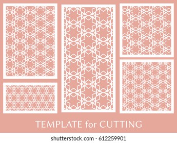 Decorative panels set for laser cutting. Geometric ornament for wedding invitation, envelope, greeting or business cards, Template for paper cut, printing, engraving wood, metal. Stencil manufacturing