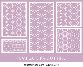 Decorative panels set for laser cutting. Geometric ornament for wedding invitation, envelope, greeting or business cards, Template for paper cut, printing, engraving wood, metal. Stencil manufacturing