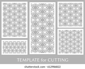 Decorative panels set for laser cutting. Geometric ornament for wedding invitation, envelope, greeting or business cards, Template for paper cut, printing, engraving wood, metal. Stencil manufacturing