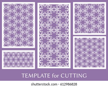 Decorative panels set for laser cutting. Geometric ornament for wedding invitation, envelope, greeting or business cards, Template for paper cut, printing, engraving wood, metal. Stencil manufacturing