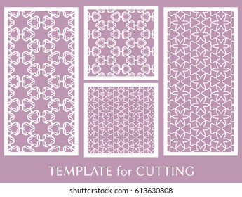 Decorative panels set for laser cutting. Geometric ornament for wedding invitation, envelope, greeting or business cards, Template for paper cut, printing, engraving wood, metal. Stencil manufacturing