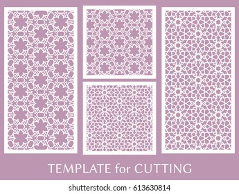 Decorative panels set for laser cutting. Geometric ornament for wedding invitation, envelope, greeting or business cards, Template for paper cut, printing, engraving wood, metal. Stencil manufacturing