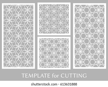Decorative panels set for laser cutting. Geometric ornament for wedding invitation, envelope, greeting or business cards, Template for paper cut, printing, engraving wood, metal. Stencil manufacturing