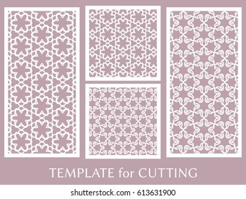 Decorative panels set for laser cutting. Geometric ornament for wedding invitation, envelope, greeting or business cards, Template for paper cut, printing, engraving wood, metal. Stencil manufacturing