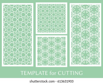 Decorative panels set for laser cutting. Geometric ornament for wedding invitation, envelope, greeting or business cards, Template for paper cut, printing, engraving wood, metal. Stencil manufacturing