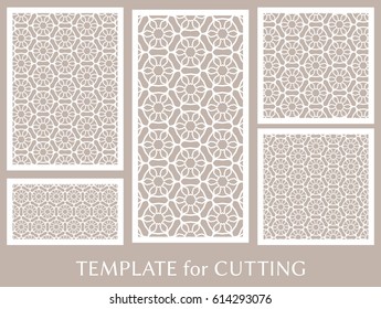 Decorative panels set for laser cutting. Geometric ornament for wedding invitation, envelope, greeting or business cards, Template for paper cut, printing, engraving wood, metal. Stencil manufacturing