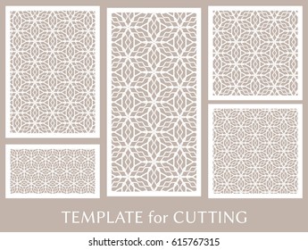 Decorative panels set for laser cutting. Geometric ornament for wedding invitation, envelope, greeting or business cards, Template for paper cut, printing, engraving wood, metal. Stencil manufacturing