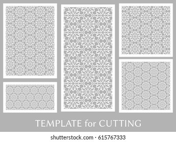 Decorative panels set for laser cutting. Geometric ornament for wedding invitation, envelope, greeting or business cards, Template for paper cut, printing, engraving wood, metal. Stencil manufacturing
