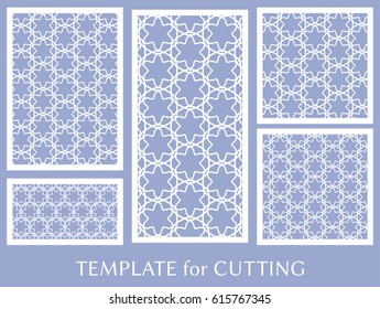 Decorative panels set for laser cutting. Geometric ornament for wedding invitation, envelope, greeting or business cards, Template for paper cut, printing, engraving wood, metal. Stencil manufacturing