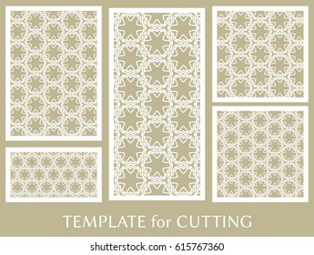 Decorative panels set for laser cutting. Geometric ornament for wedding invitation, envelope, greeting or business cards, Template for paper cut, printing, engraving wood, metal. Stencil manufacturing