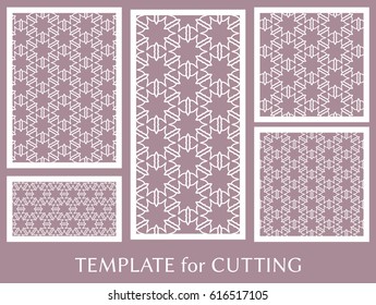 Decorative panels set for laser cutting. Geometric ornament for wedding invitation, envelope, greeting or business cards, Template for paper cut, printing, engraving wood, metal. Stencil manufacturing