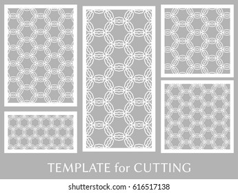 Decorative panels set for laser cutting. Geometric ornament for wedding invitation, envelope, greeting or business cards, Template for paper cut, printing, engraving wood, metal. Stencil manufacturing