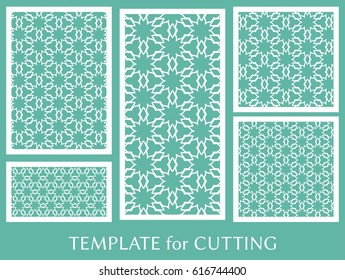 Decorative panels set for laser cutting. Geometric ornament for wedding invitation, envelope, greeting or business cards, Template for paper cut, printing, engraving wood, metal. Stencil manufacturing