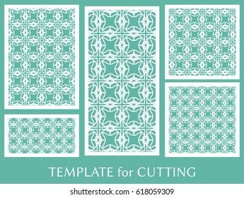 Decorative panels set for laser cutting. Geometric ornament for wedding invitation, envelope, greeting or business cards, Template for paper cut, printing, engraving wood, metal. Stencil manufacturing