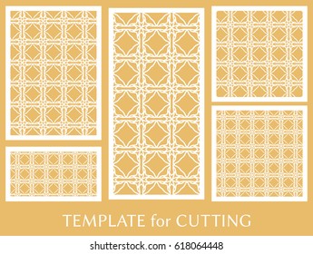 Decorative panels set for laser cutting. Geometric ornament for wedding invitation, envelope, greeting or business cards, Template for paper cut, printing, engraving wood, metal. Stencil manufacturing