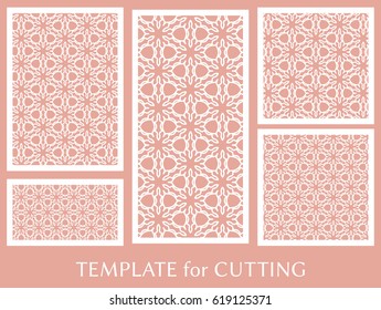 Decorative panels set for laser cutting. Geometric ornament for wedding invitation, envelope, greeting or business cards, Template for paper cut, printing, engraving wood, metal. Stencil manufacturing
