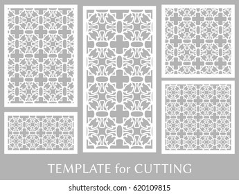 Decorative panels set for laser cutting. Geometric ornament for wedding invitation, envelope, greeting or business cards, Template for paper cut, printing, engraving wood, metal. Stencil manufacturing