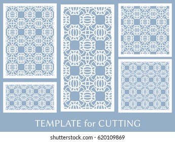 Decorative panels set for laser cutting. Geometric ornament for wedding invitation, envelope, greeting or business cards, Template for paper cut, printing, engraving wood, metal. Stencil manufacturing