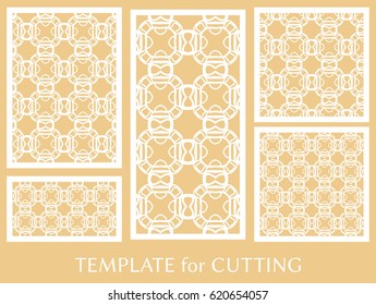 Decorative panels set for laser cutting. Geometric ornament for wedding invitation, envelope, greeting or business cards, Template for paper cut, printing, engraving wood, metal. Stencil manufacturing
