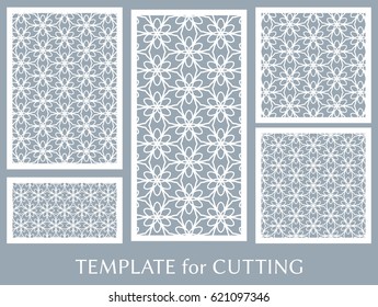 Decorative panels set for laser cutting. Geometric ornament for wedding invitation, envelope, greeting or business cards, Template for paper cut, printing, engraving wood, metal. Stencil manufacturing