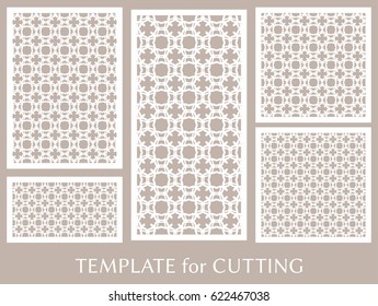 Decorative panels set for laser cutting. Geometric ornament for wedding invitation, envelope, greeting or business cards, Template for paper cut, printing, engraving wood, metal. Stencil manufacturing