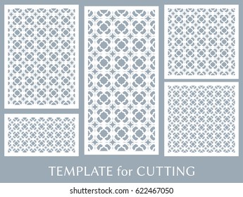 Decorative panels set for laser cutting. Geometric ornament for wedding invitation, envelope, greeting or business cards, Template for paper cut, printing, engraving wood, metal. Stencil manufacturing