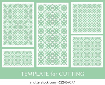 Decorative panels set for laser cutting. Geometric ornament for wedding invitation, envelope, greeting or business cards, Template for paper cut, printing, engraving wood, metal. Stencil manufacturing