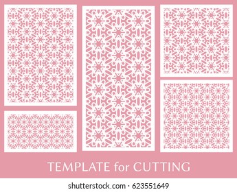 Decorative panels set for laser cutting. Geometric ornament for wedding invitation, envelope, greeting or business cards, Template for paper cut, printing, engraving wood, metal. Stencil manufacturing