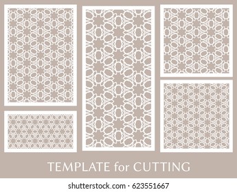 Decorative panels set for laser cutting. Geometric ornament for wedding invitation, envelope, greeting or business cards, Template for paper cut, printing, engraving wood, metal. Stencil manufacturing