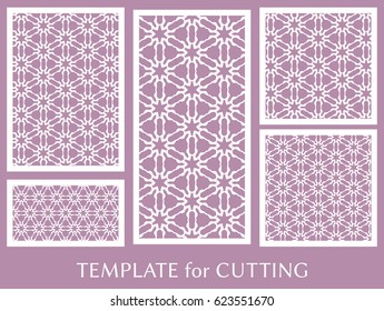 Decorative panels set for laser cutting. Geometric ornament for wedding invitation, envelope, greeting or business cards, Template for paper cut, printing, engraving wood, metal. Stencil manufacturing