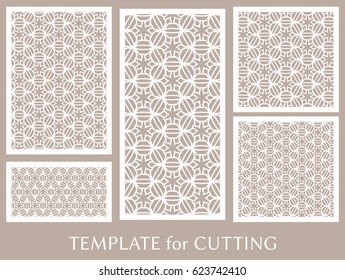 Decorative panels set for laser cutting. Geometric ornament for wedding invitation, envelope, greeting or business cards, Template for paper cut, printing, engraving wood, metal. Stencil manufacturing