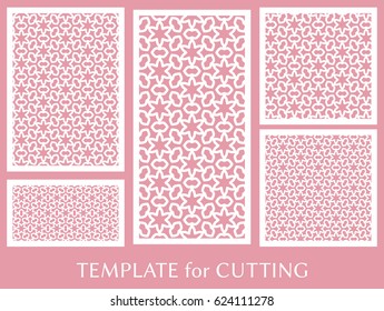 Decorative panels set for laser cutting. Geometric ornament for wedding invitation, envelope, greeting or business cards, Template for paper cut, printing, engraving wood, metal. Stencil manufacturing