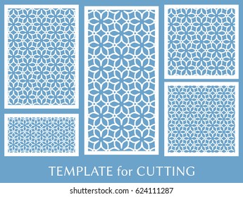 Decorative panels set for laser cutting. Geometric ornament for wedding invitation, envelope, greeting or business cards, Template for paper cut, printing, engraving wood, metal. Stencil manufacturing
