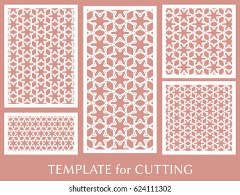 Decorative panels set for laser cutting. Geometric ornament for wedding invitation, envelope, greeting or business cards, Template for paper cut, printing, engraving wood, metal. Stencil manufacturing