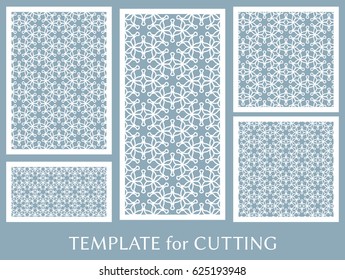 Decorative panels set for laser cutting. Geometric ornament for wedding invitation, envelope, greeting or business cards, Template for paper cut, printing, engraving wood, metal. Stencil manufacturing