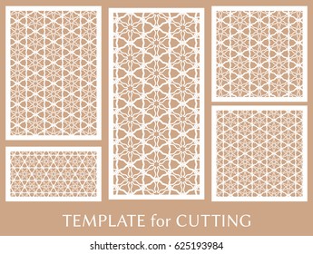 Decorative panels set for laser cutting. Geometric ornament for wedding invitation, envelope, greeting or business cards, Template for paper cut, printing, engraving wood, metal. Stencil manufacturing